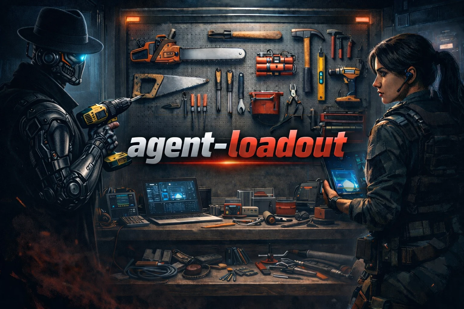Agent Loadout artwork: a robot and a human choosing tools from a workshop wall.